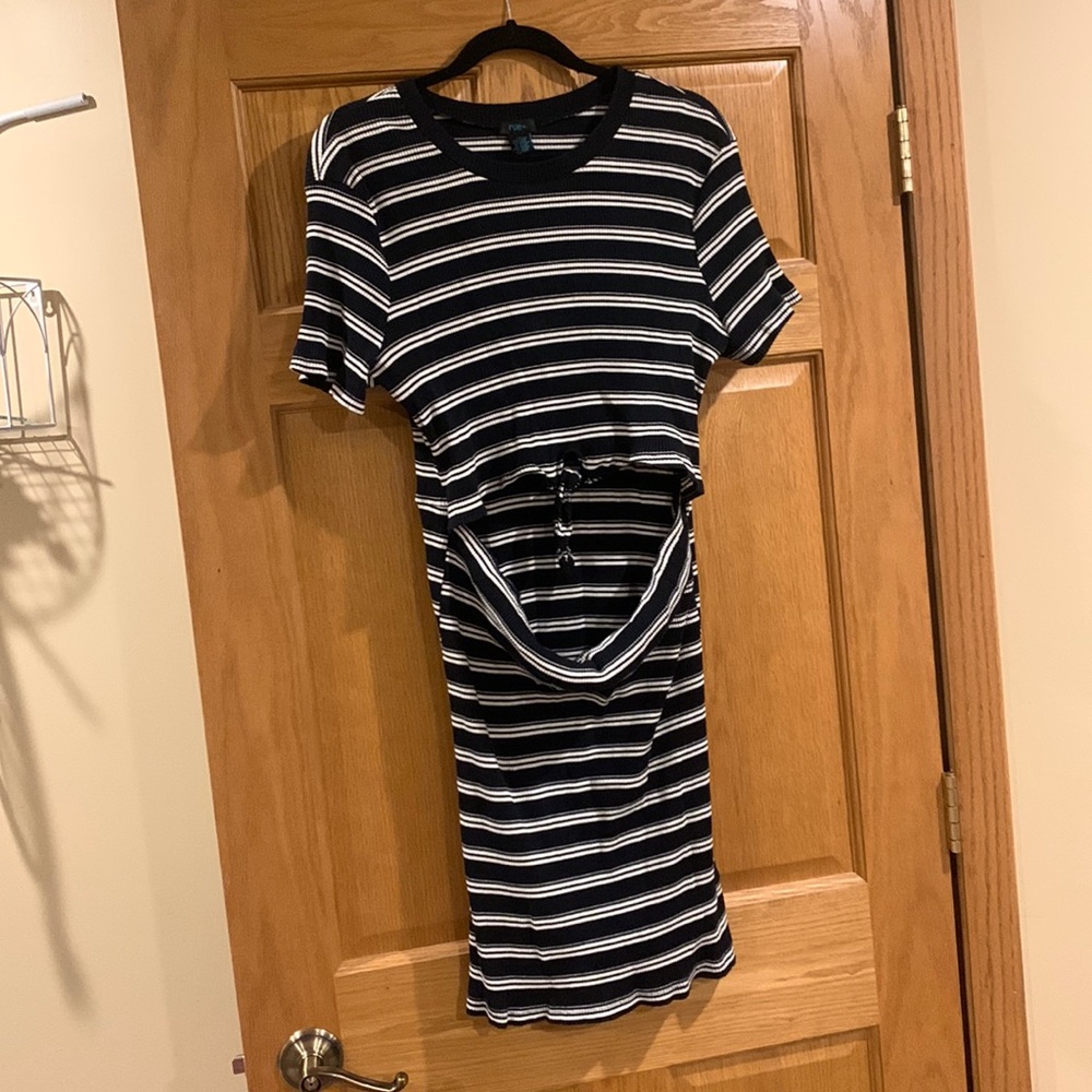 Rue+ Black and White Striped Dress With Midriff Cutout